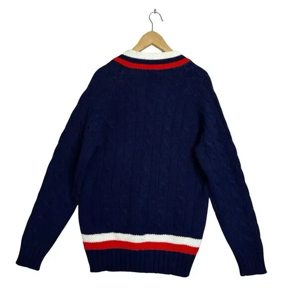 Vintage IZOD LACOSTE Cable Knit V-neck Sweater Blue with Red & White Size XL - Picture 3 of 12